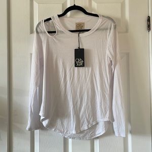Chaser white long sleeve tee with shoulder cutout racer y2k